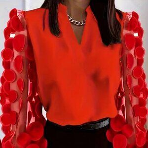 Elegant Circle Patch V-Neck Blouse  C